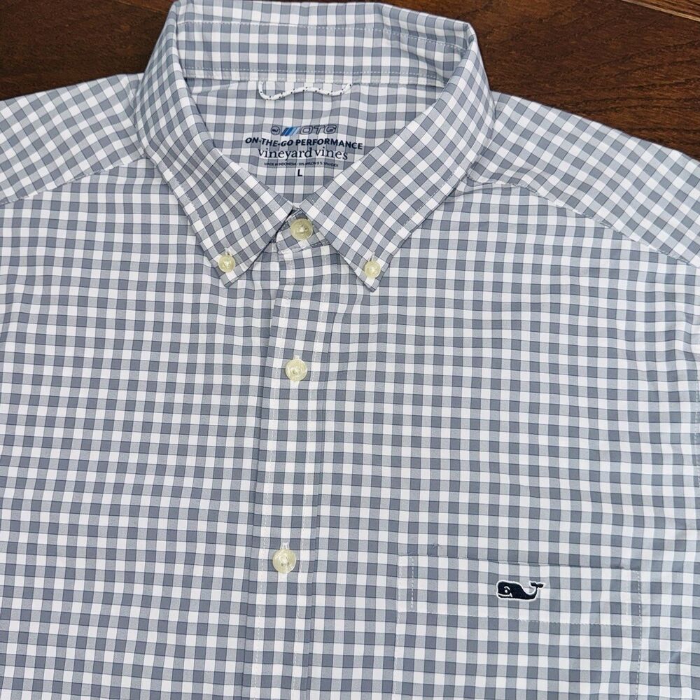 Vineyard Vines Shirt Mens Large Gray Gingham Plaid OTG On-The-Go Performance